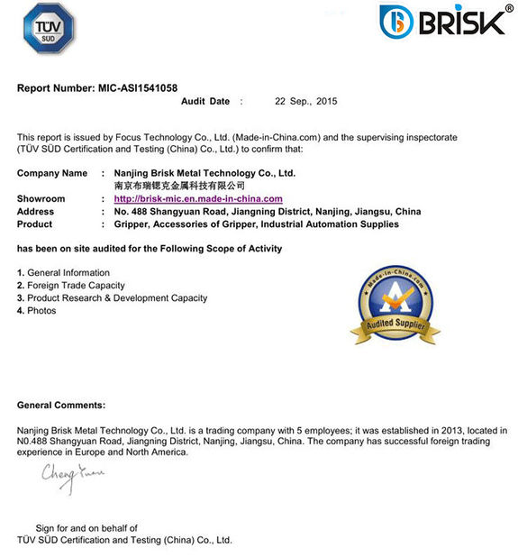 China Nanjing Brisk Metal Technology Co., Ltd. certification