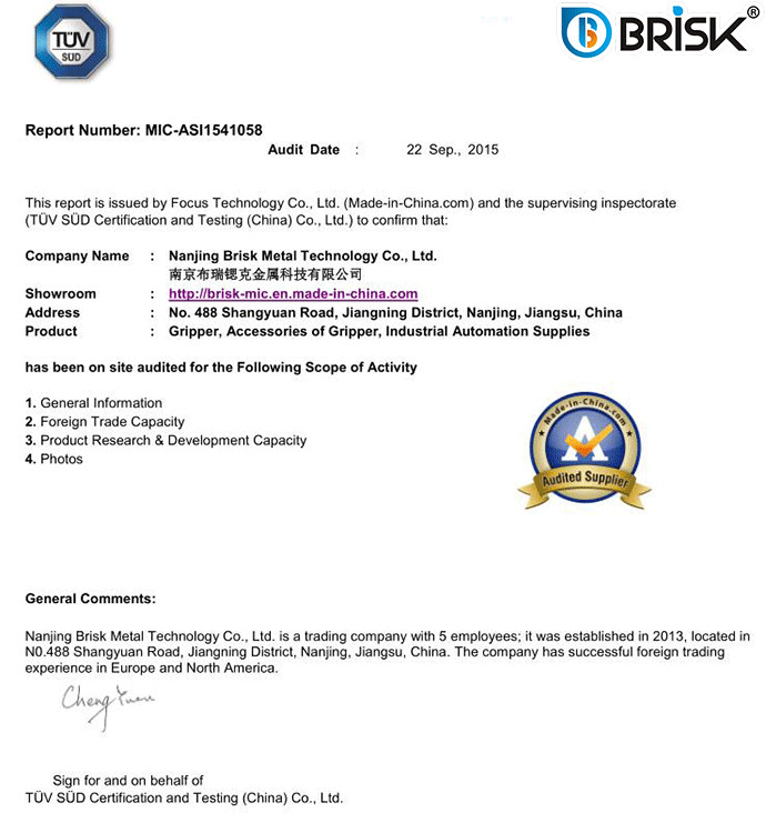 China Nanjing Brisk Metal Technology Co., Ltd. Certification